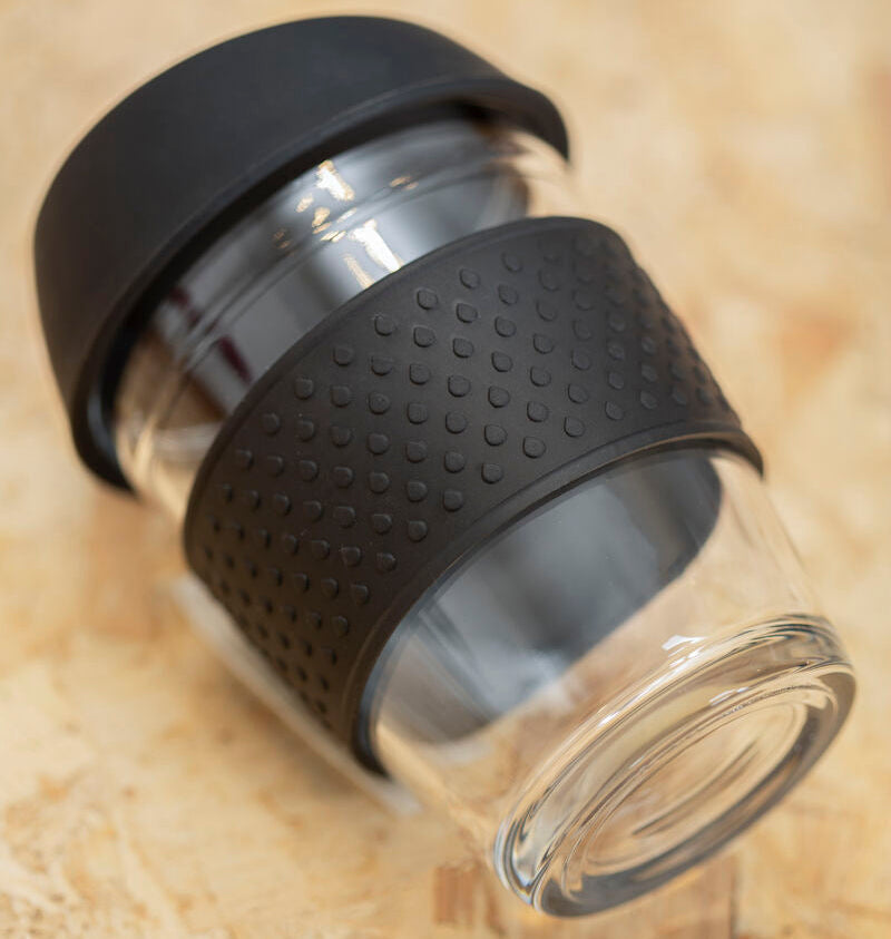 Orsina Glass Coffee Mug with Black Silicone Band and Slanted Lid