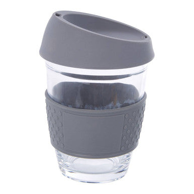 Orsina Mimo Glass Mug with Grey Silicone Band and Lid – 12oz Cup