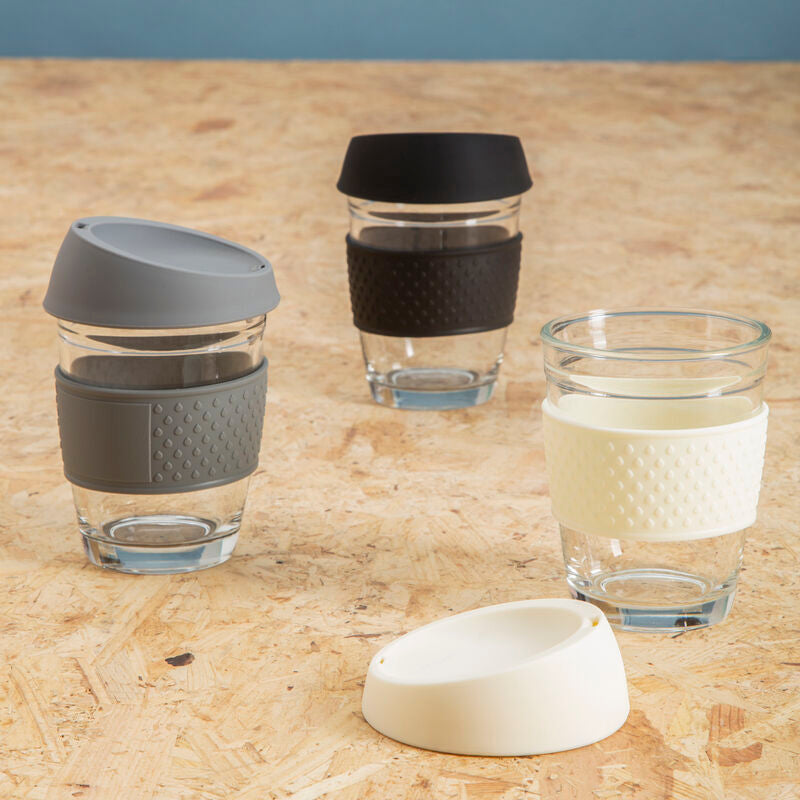 Orsina Mimo Glass Mug with Grey Silicone Band and Lid – 12oz Cup