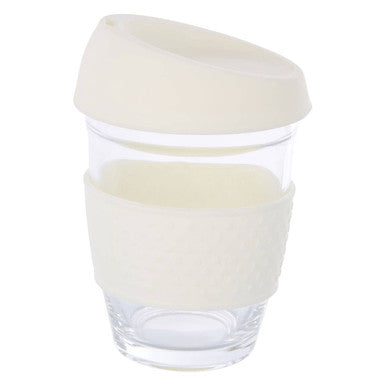 Orsina Glass Mug with Cream Silicone Band and Lid – Reusable Cup