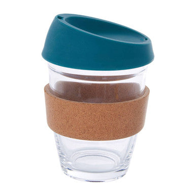 Orsina Glass Coffee Mug with Cork Grip and Green Silicone Lid