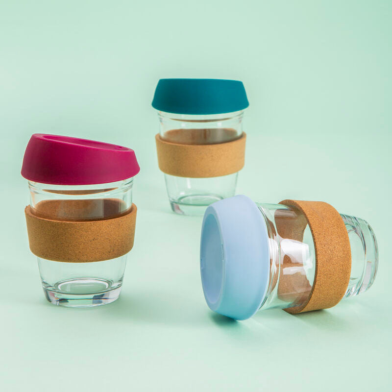 Orsina Glass Coffee Mug with Cork Grip and Green Silicone Lid