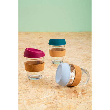 Orsina Glass Coffee Mug with Cork Grip and Green Silicone Lid