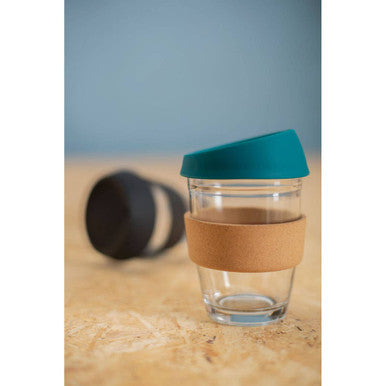 Orsina Glass Coffee Mug with Cork Grip and Green Silicone Lid