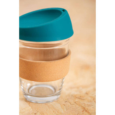 Orsina Glass Coffee Mug with Cork Grip and Green Silicone Lid