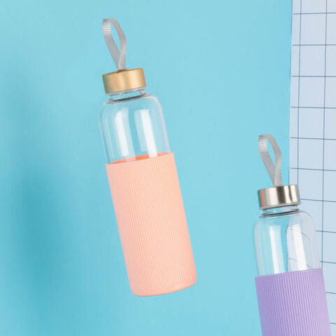 Orsina 500ml Glass Water Bottle | Peach Pink Silicone Sleeve & Strap