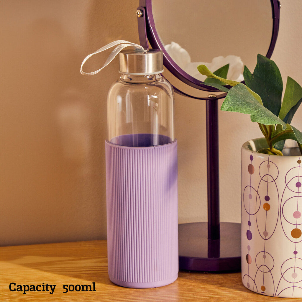 Orsina 500ml Glass Water Bottle | Purple Silicone Sleeve & Steel Lid