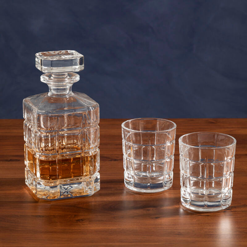 Orsina Auclair Whiskey Decanter Set – Patterned Glass with 2 Tumblers