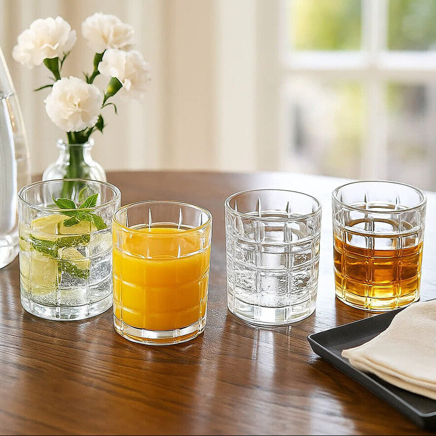 Orsina Auclair Check Glass Tumblers – Set of 4 Patterned Drinking Glasses