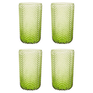 Orsina Fleur Green Highball Glasses – Set of 4 Embossed Drinkware