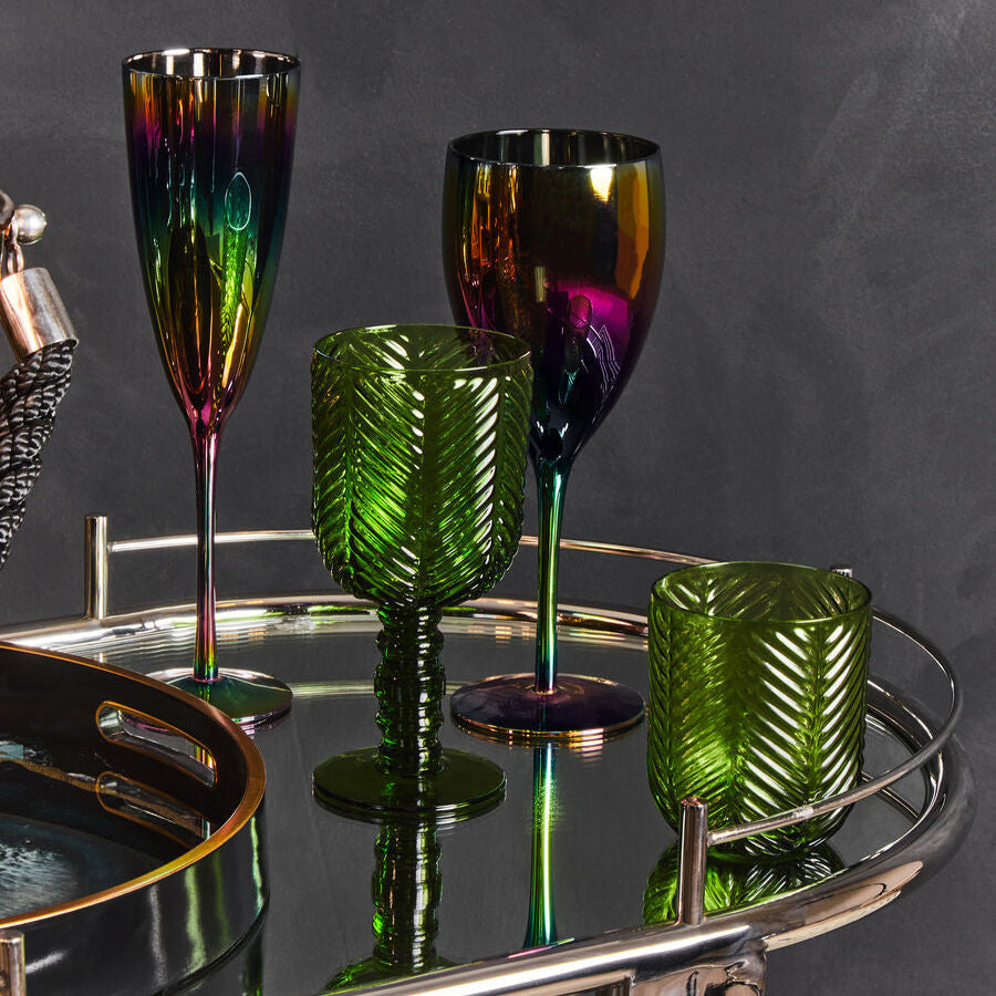 Orsina Fleur Green Wine Glasses – Set of 4 Diamond Embossed Glass