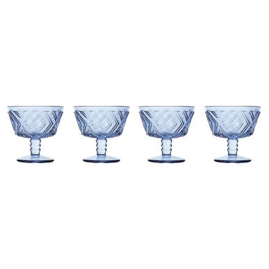 Orsina Juno Blue Dessert Bowls – Set of 4 Embossed Footed Glassware