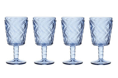 Orsina Fleur Blue Wine Glasses – Set of 4 Diamond Embossed Glassware