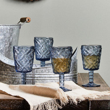 Orsina Fleur Blue Wine Glasses – Set of 4 Diamond Embossed Glassware