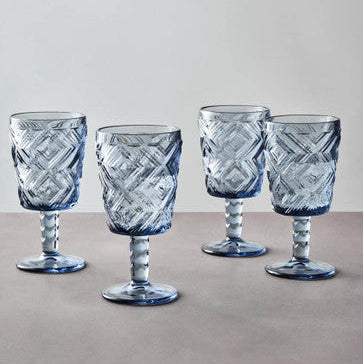 Orsina Fleur Blue Wine Glasses – Set of 4 Diamond Embossed Glassware