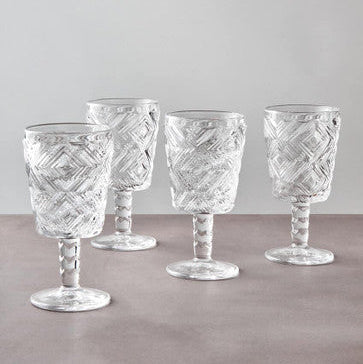 Orsina Fleur Wine Glasses | Set of 4 Diamond Embossed Clear Stemware