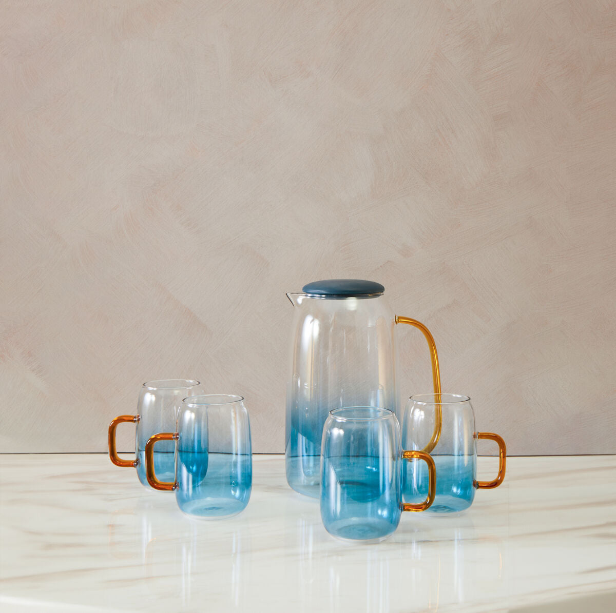 Orsina Noa Glass Ombre Blue Pitcher and Cup Set – 5-Piece Serveware