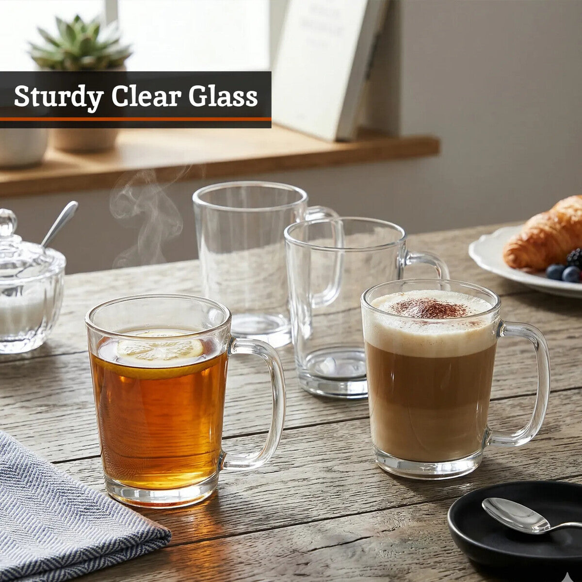 Orsina Torta Clear Glass Mugs – Set of 4 Tapered Coffee and Tea Cups