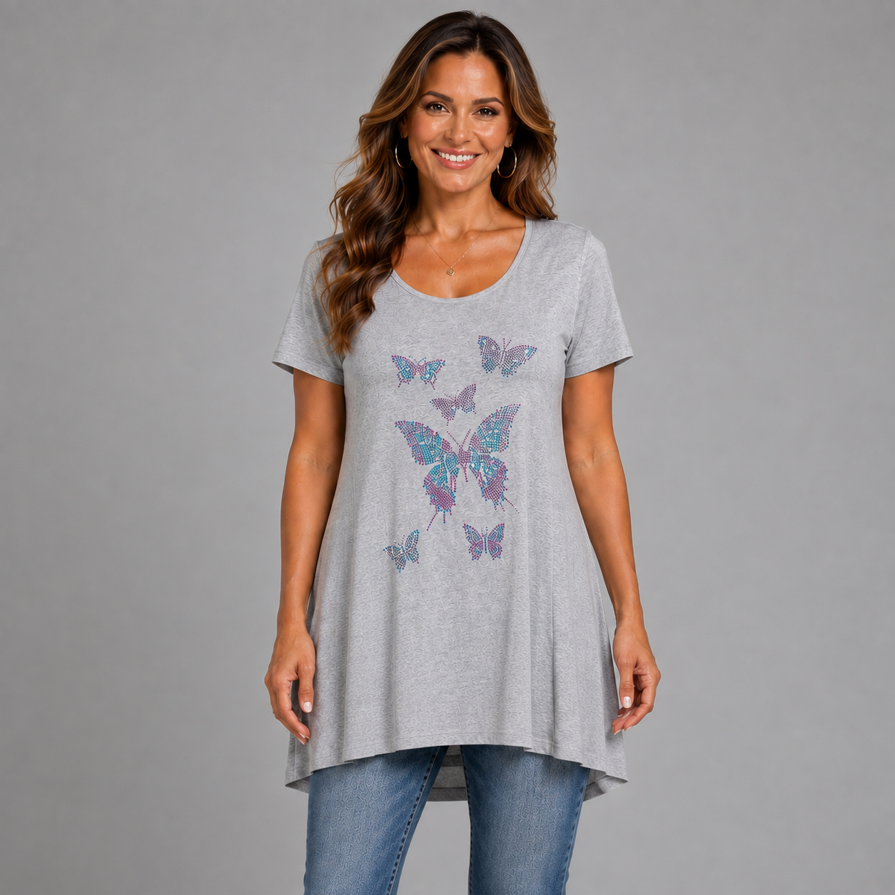 ROCKTHOSECURVES FLARED HEM STUDDED BUTTERFLIES LONG TOP