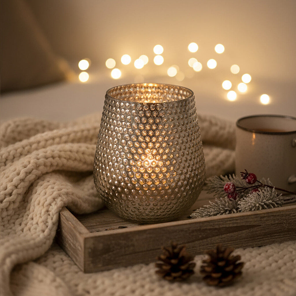 Orsina Silver Glass Candle Holder – Large Hammered Pillar Holder