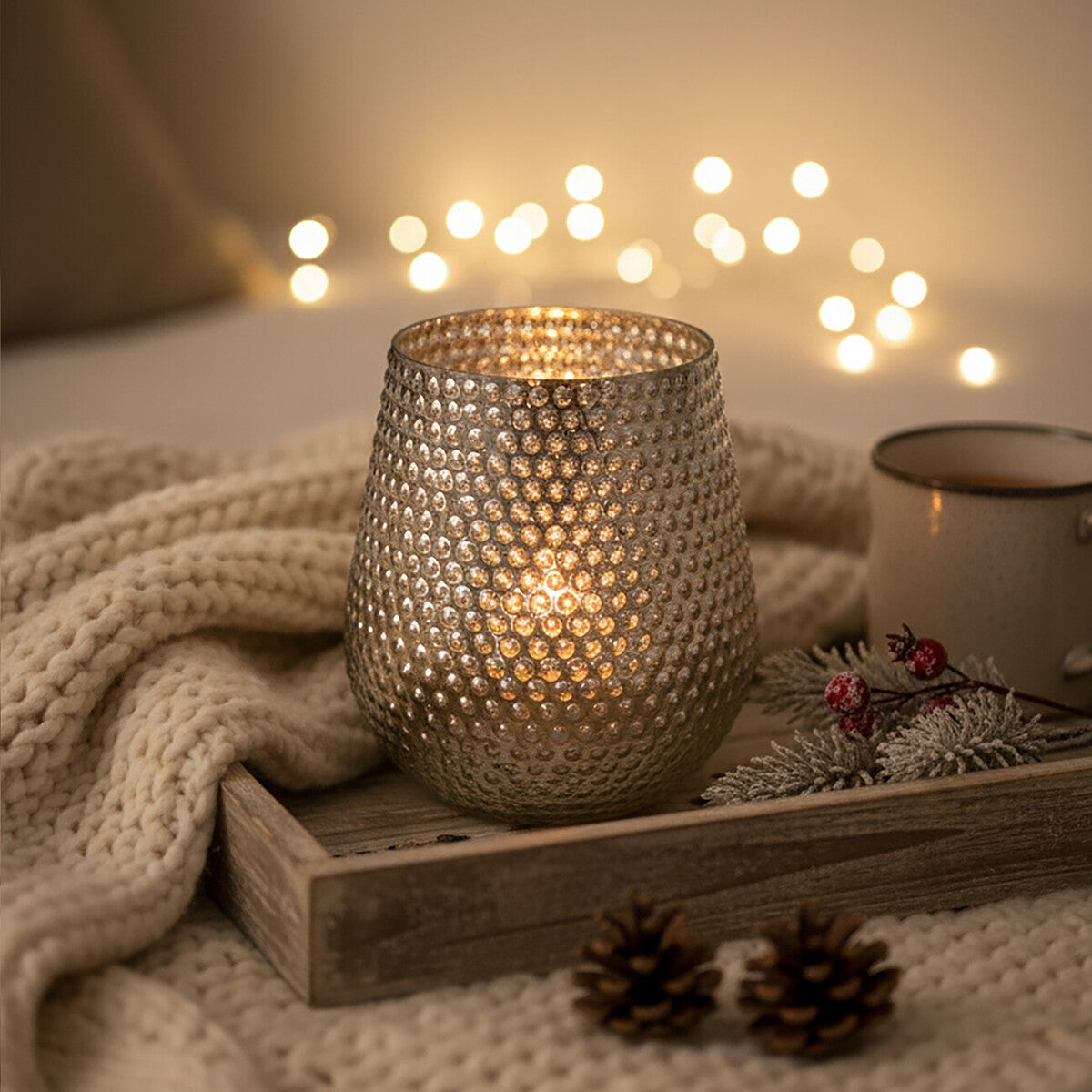 Orsina Silver Glass Candle Holder – Large Hammered Pillar Holder