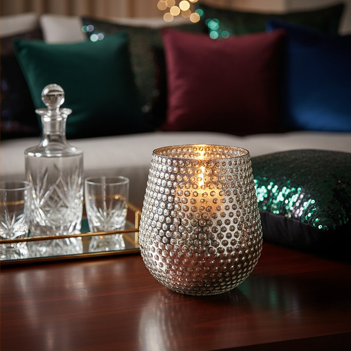 Orsina Silver Glass Candle Holder – Large Hammered Pillar Holder