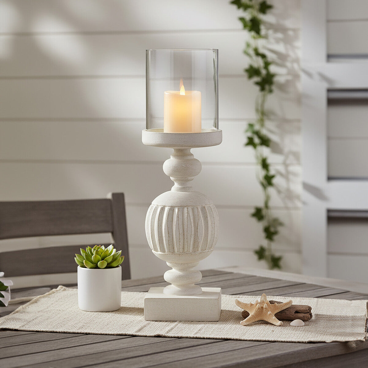Orsina Mango Wood Carved Candle Holder – Whitewash Hurricane Lamp