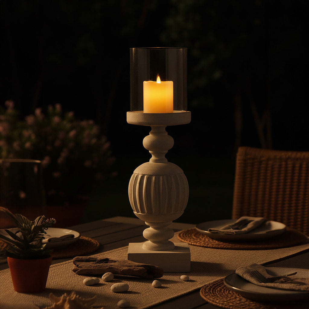 Orsina Mango Wood Carved Candle Holder – Whitewash Hurricane Lamp