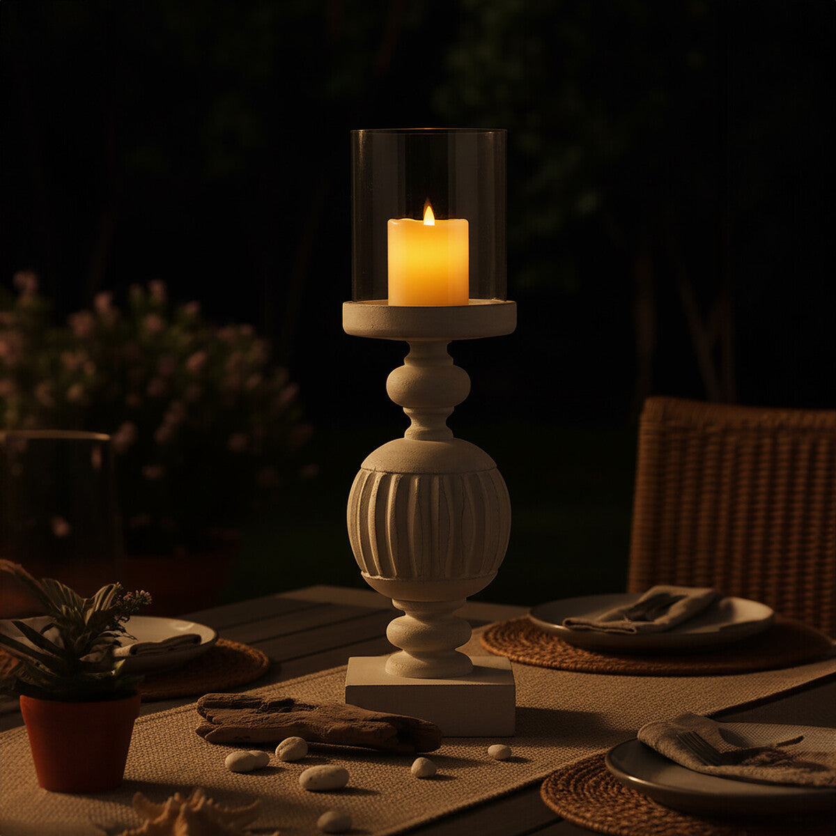 Orsina Mango Wood Carved Candle Holder – Whitewash Hurricane Lamp