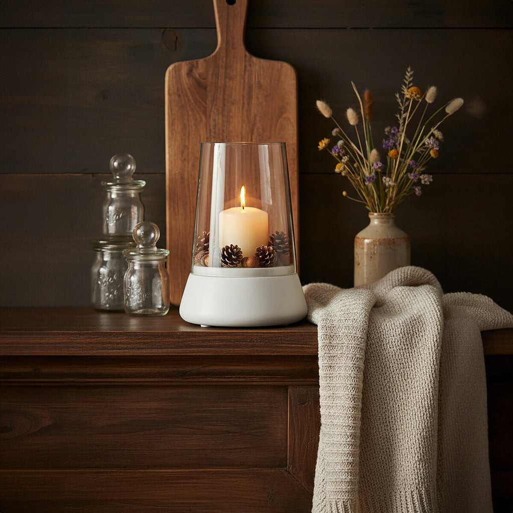 Orsina Sena White Marble and Glass Hurricane Pillar Candle Holder