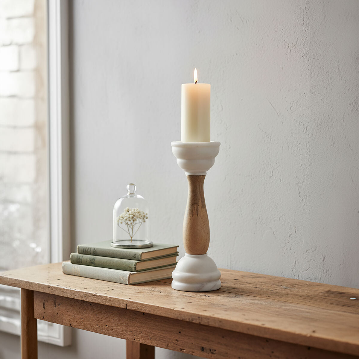 Orsina Sena Marble and Mango Wood Candle Holder – Sculptural Decor