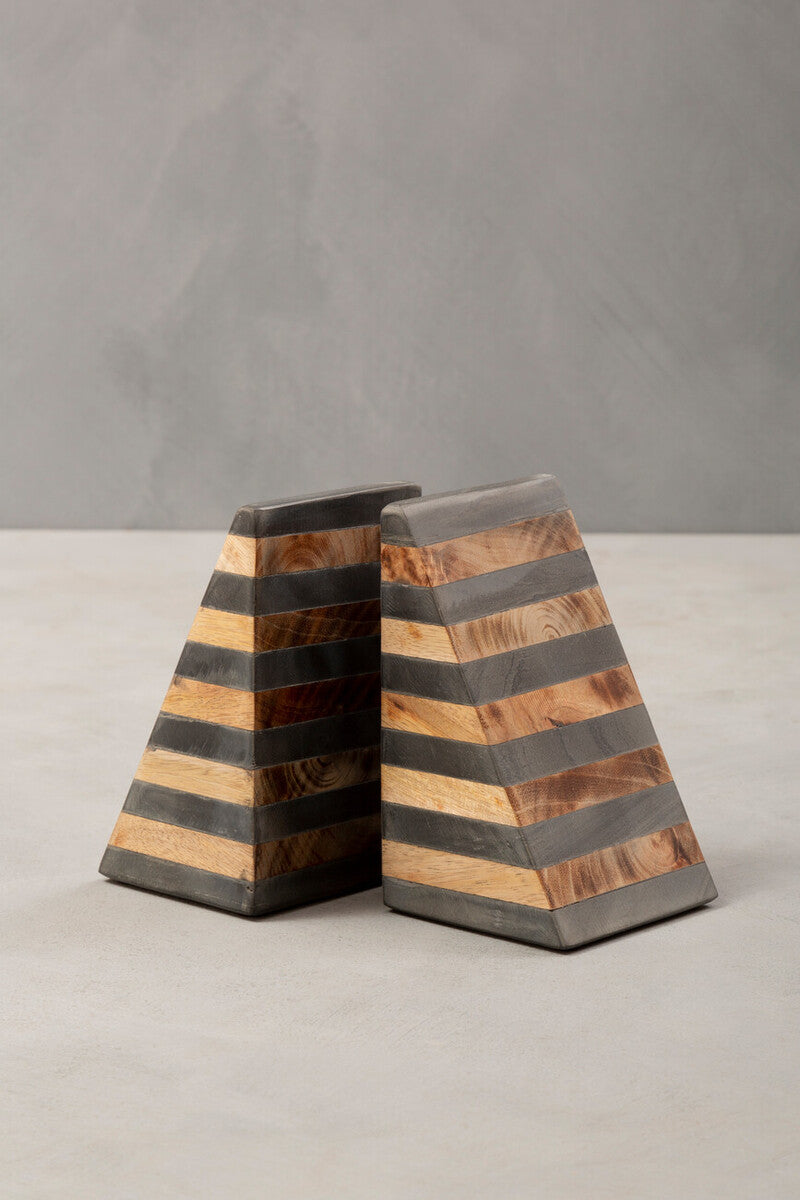 Orsina Kata Mango Wood and Slate Geometric Bookends – Set of 2
