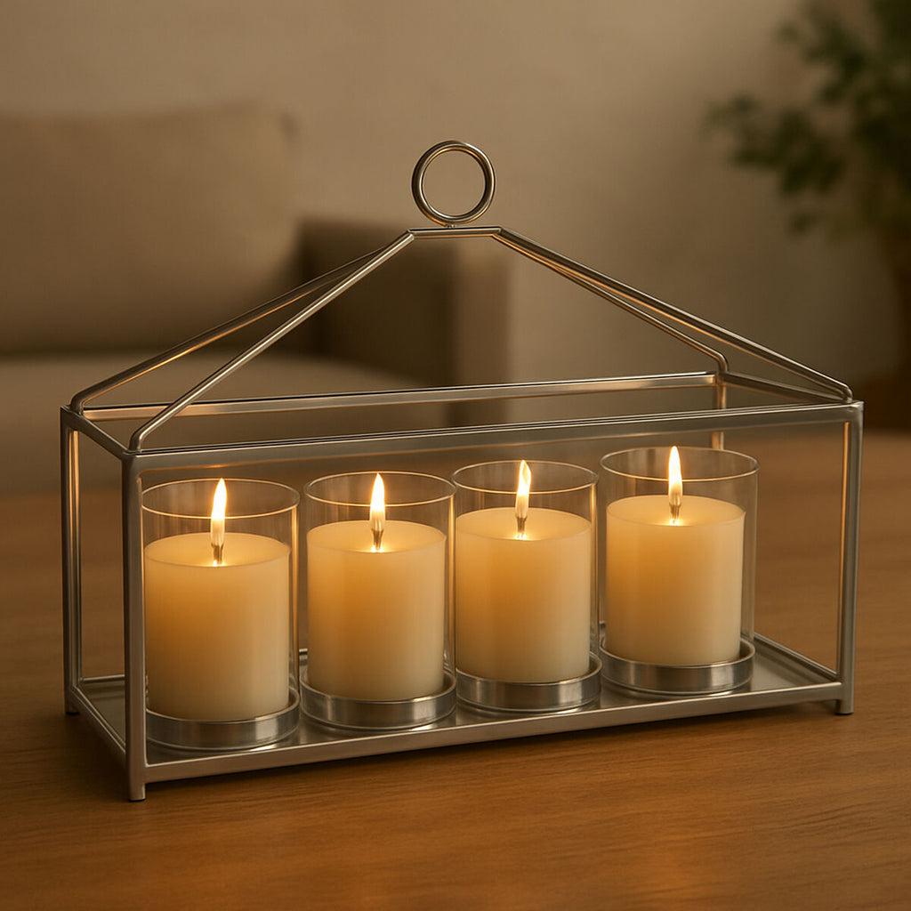 Orsina Silver and Glass 4-Light Long Table Candle Holder Centerpiece