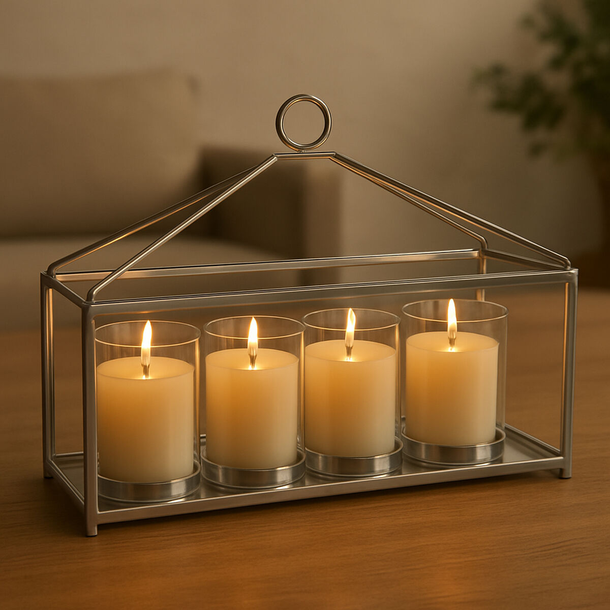 Orsina Silver and Glass 4-Light Long Table Candle Holder Centerpiece