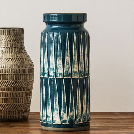 Orsina Theo Large Earthenware Vase – Blue and White Geometric Decor