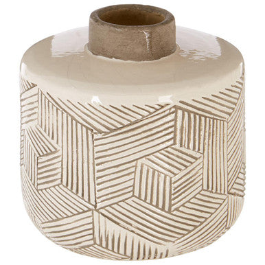 Orsina Vector White Earthenware Vase – Geometric Drum-Shaped Decor