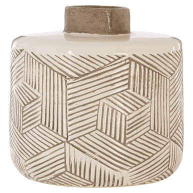 Orsina Vector White Earthenware Vase – Geometric Drum-Shaped Decor