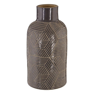 Orsina Vector Large Black Earthenware Vase – Geometric Etched Design