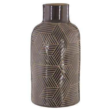 Orsina Vector Large Black Earthenware Vase – Geometric Etched Design
