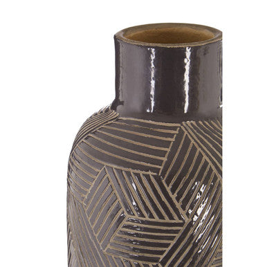Orsina Vector Large Black Earthenware Vase – Geometric Etched Design