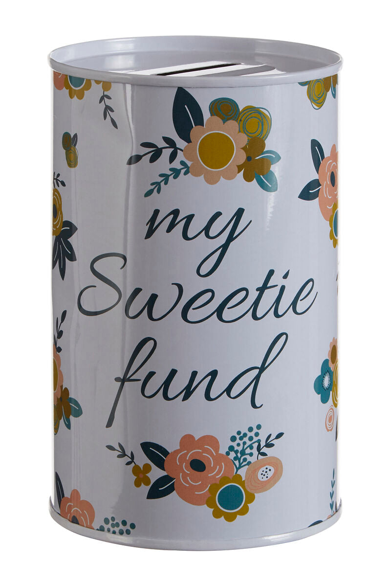 Orsina Floral Small Money Tin – White Metal Cylindrical Coin Bank