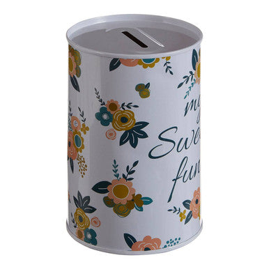 Orsina Floral Small Money Tin – White Metal Cylindrical Coin Bank