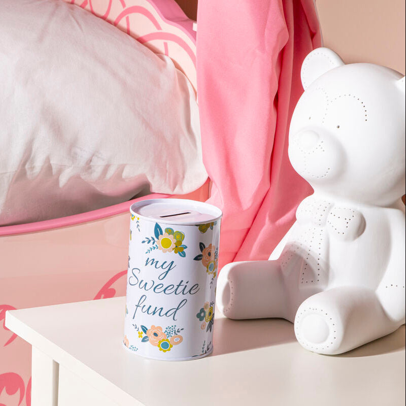 Orsina Floral Small Money Tin – White Metal Cylindrical Coin Bank