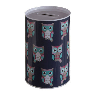 Orsina Happy Owls Large Metal Money Tin | Blue Owl Savings Coin Bank