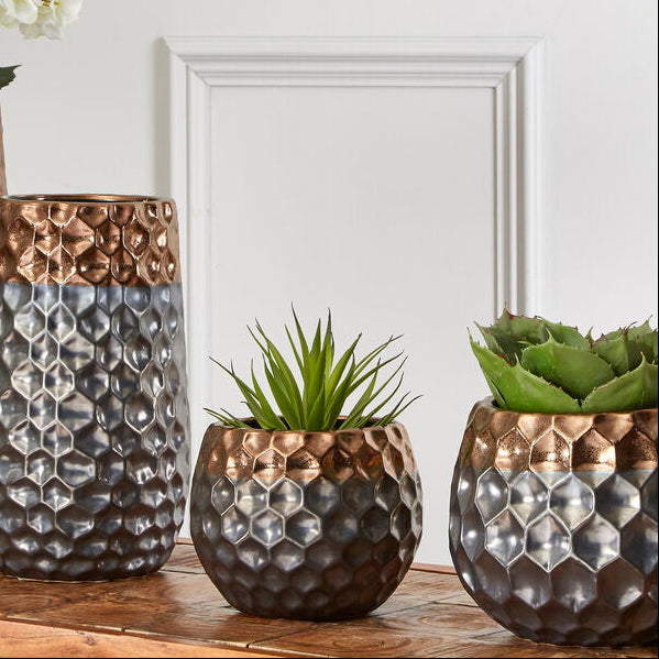 Orsina Galaxy Small Ceramic Planter – Metallic Honeycomb Indoor Pot