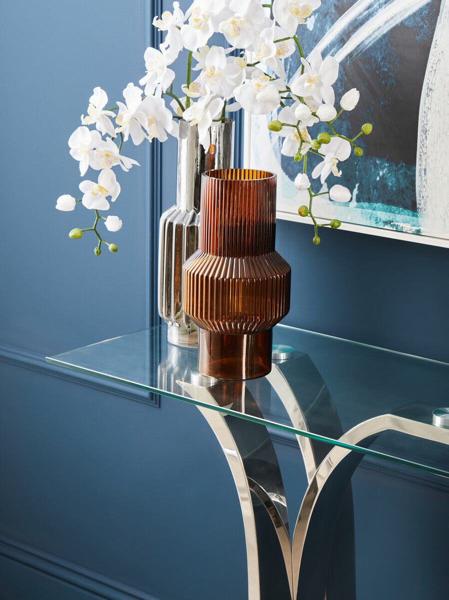 Orsina Onice Silver Large Glass Vase – Ribbed Modern Table Centerpiece
