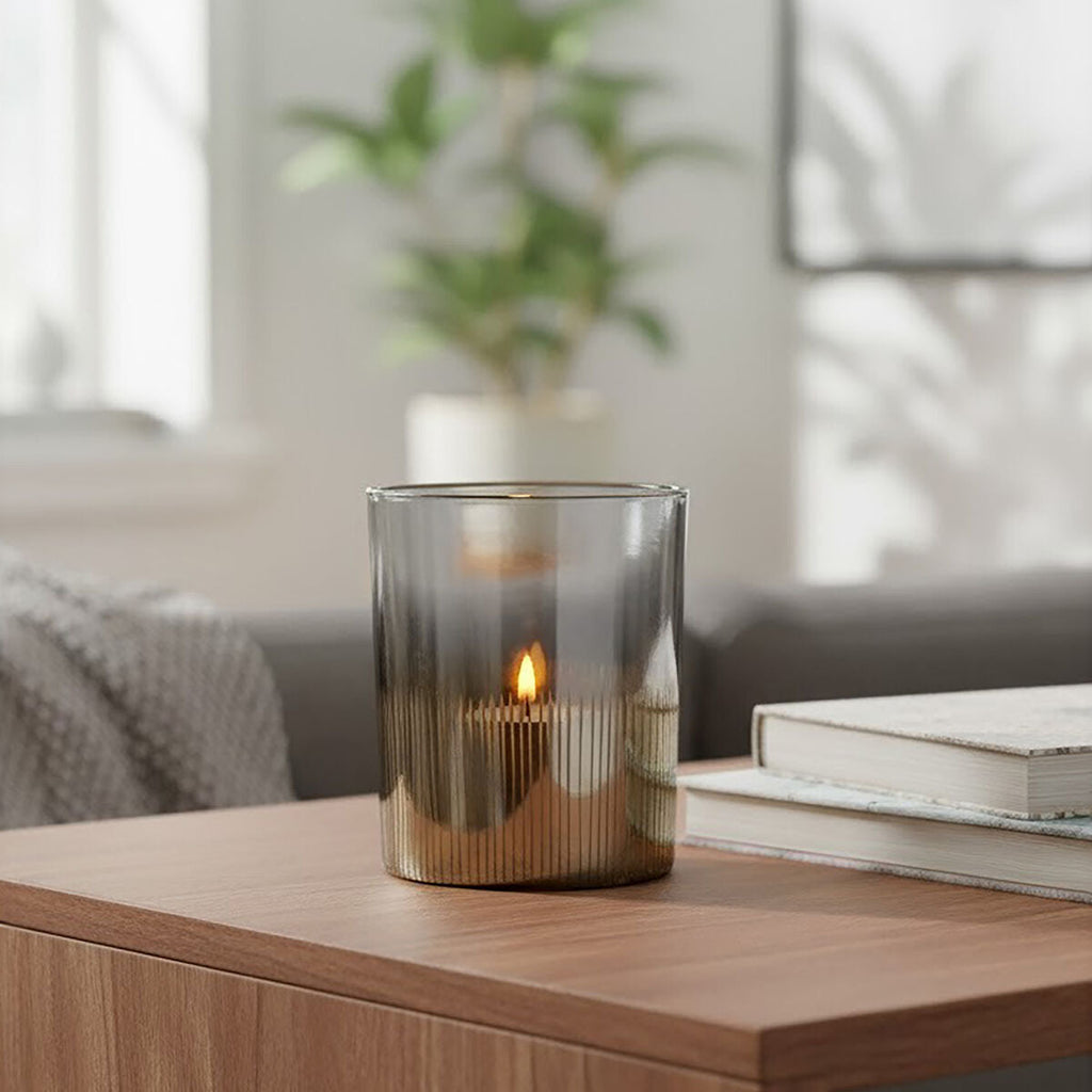 Orsina Silver Glass Tealight Holder – Textured Smoked Candle Decor