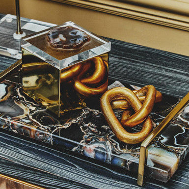 Orsina Black Agate Small Decorative Tray with Gold Metal Handles