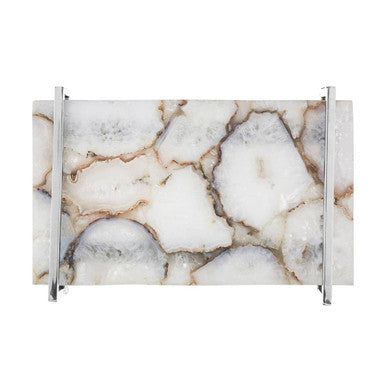 Orsina White Agate Large Decorative Serving Tray with Silver Handles