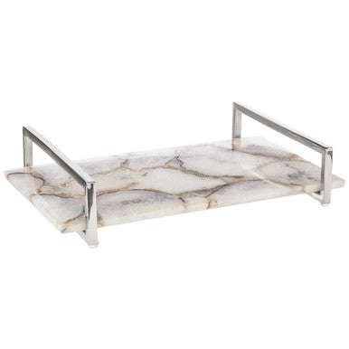 Orsina White Agate Large Decorative Serving Tray with Silver Handles